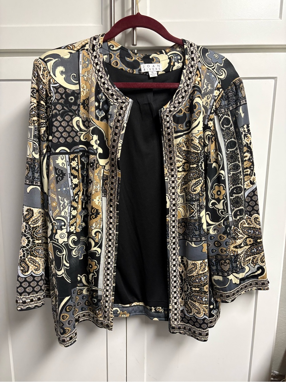Joan Rivers Patchwork Print Women's Open front jacket Black & Gold Sz XL